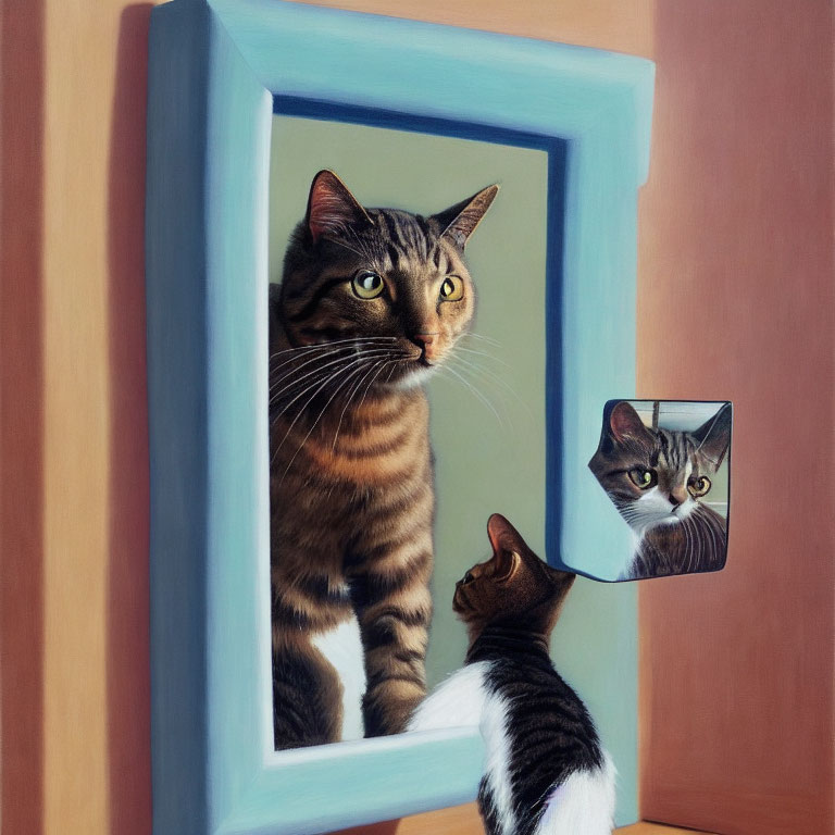 Tabby cat reflects in mirror with smaller mirror and observing cat