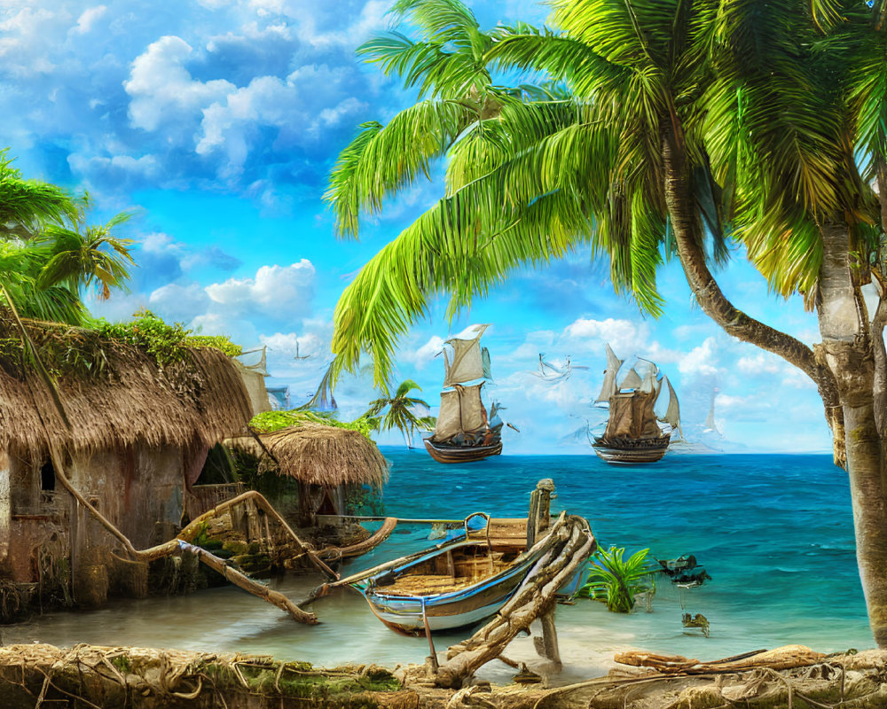Tropical seascape with palm trees, huts, canoe, and sailing ships