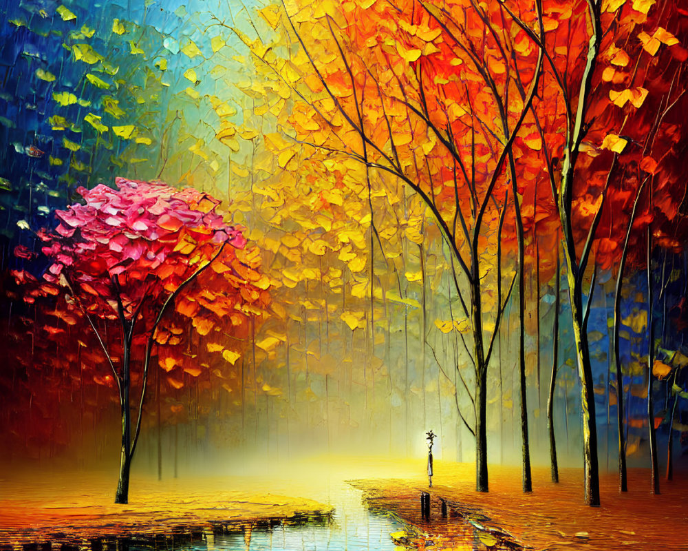 Colorful Autumn Forest Painting with Blue Sky and Solitary Figure