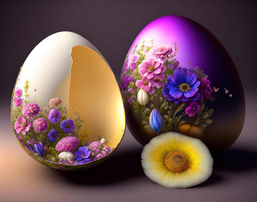 Ornate Easter eggs with floral designs and vibrant interior flowers.