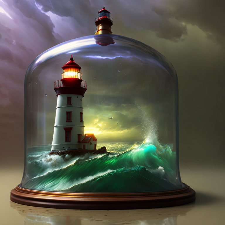 Lighthouse in Glass Dome Amid Turbulent Seas