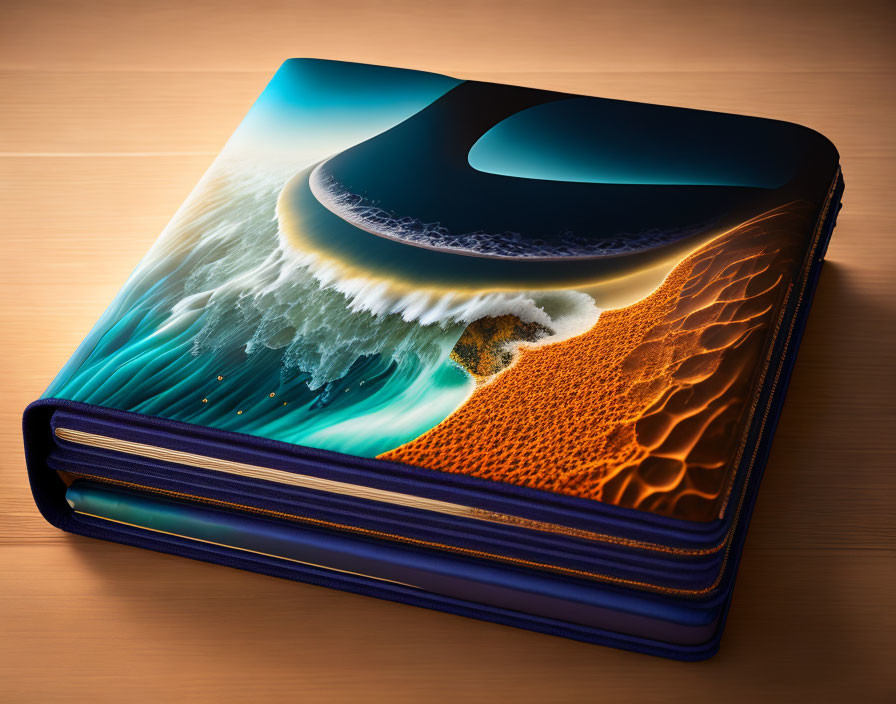 Colorful Abstract Wave Design Book Cover on Wooden Surface
