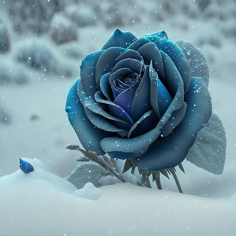 Deep Blue Rose Covered in Snowflakes Against Snowy Background
