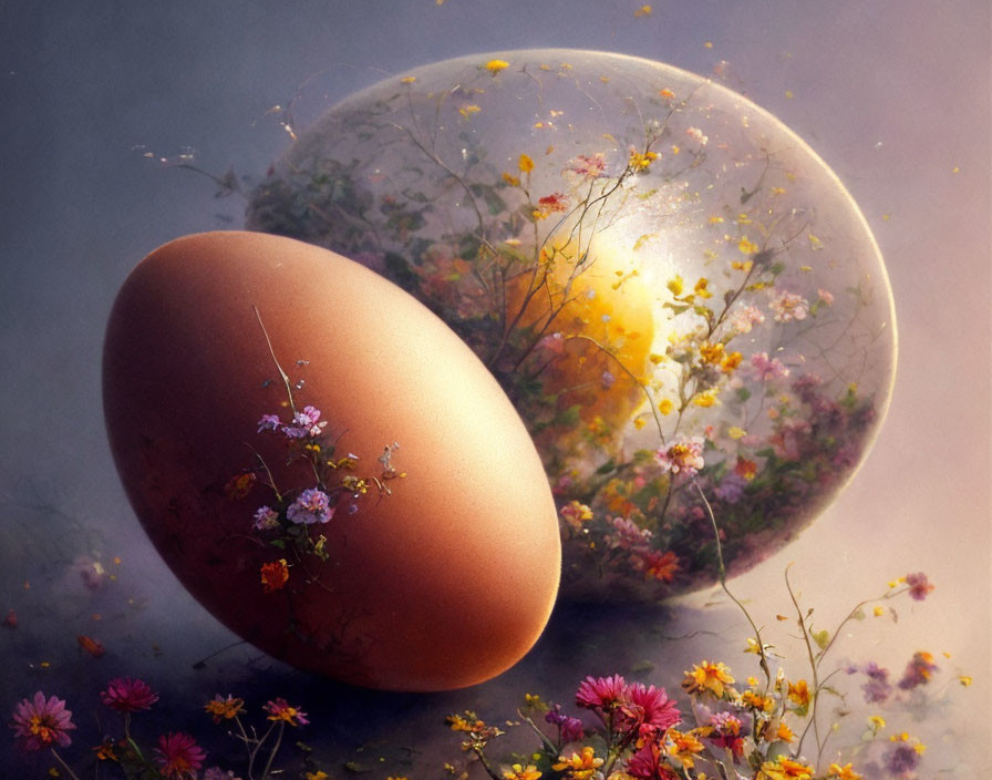 Opaque egg and flower-filled orb illustration on grey background