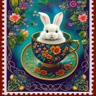 Vibrant rabbit in floral teacup on starry backdrop