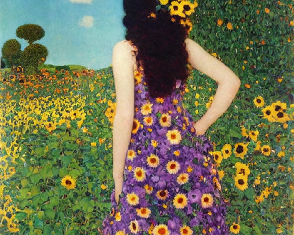Woman in vibrant floral dress standing in sunflower field under blue sky