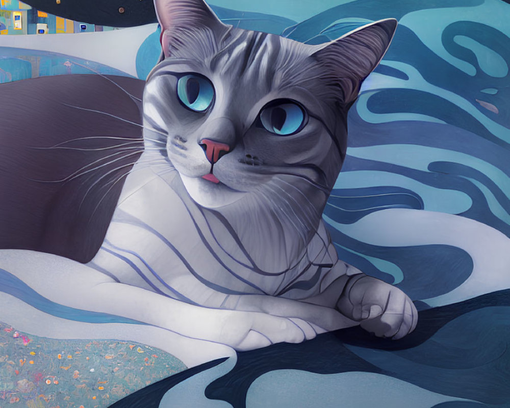 Stylized painting of blue-eyed cat on patterned surface with night sky background