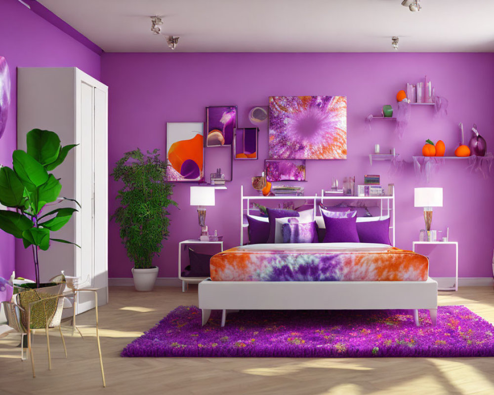 Colorful Furniture, Wall Art, Plants, and Fluffy Rug in Vibrant Purple Living Room