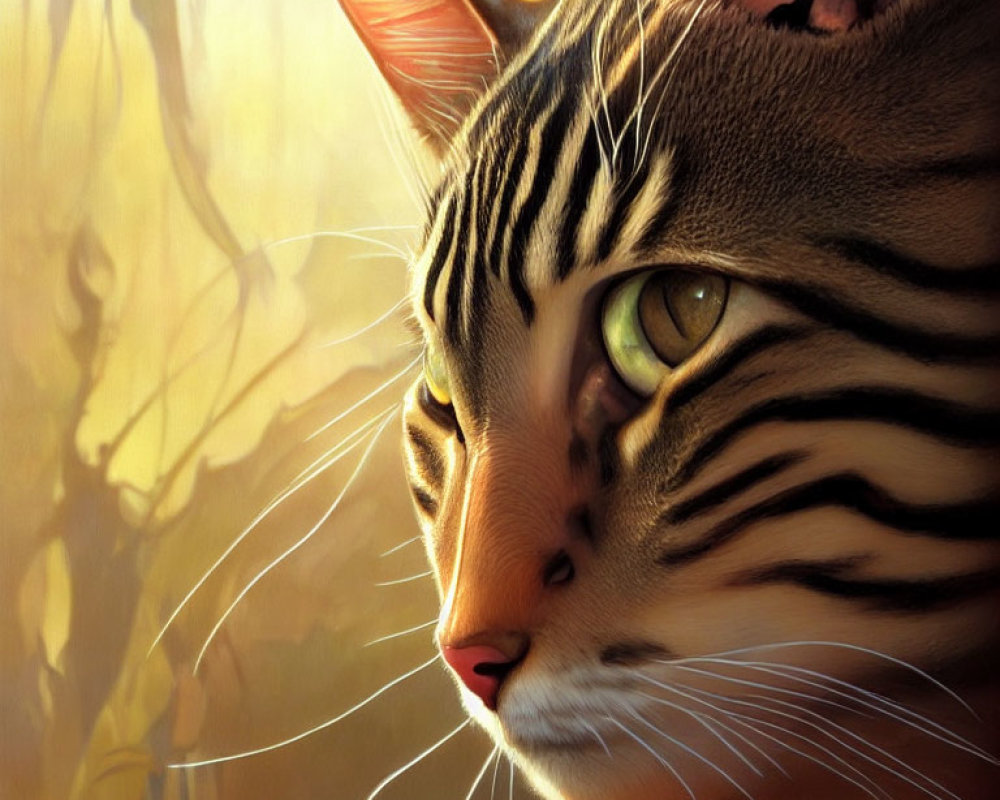 Detailed Tabby Cat Digital Painting with Green Eyes in Forest Setting