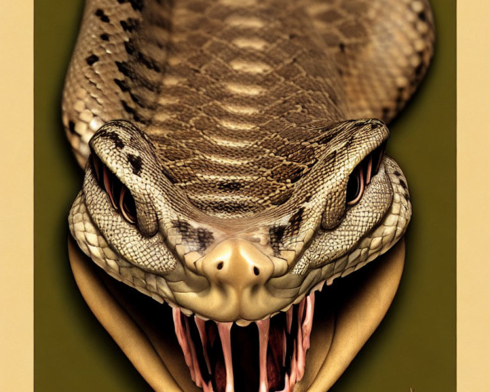 Detailed Illustration of Snake with Open Mouth and Sharp Fangs Near Lizard