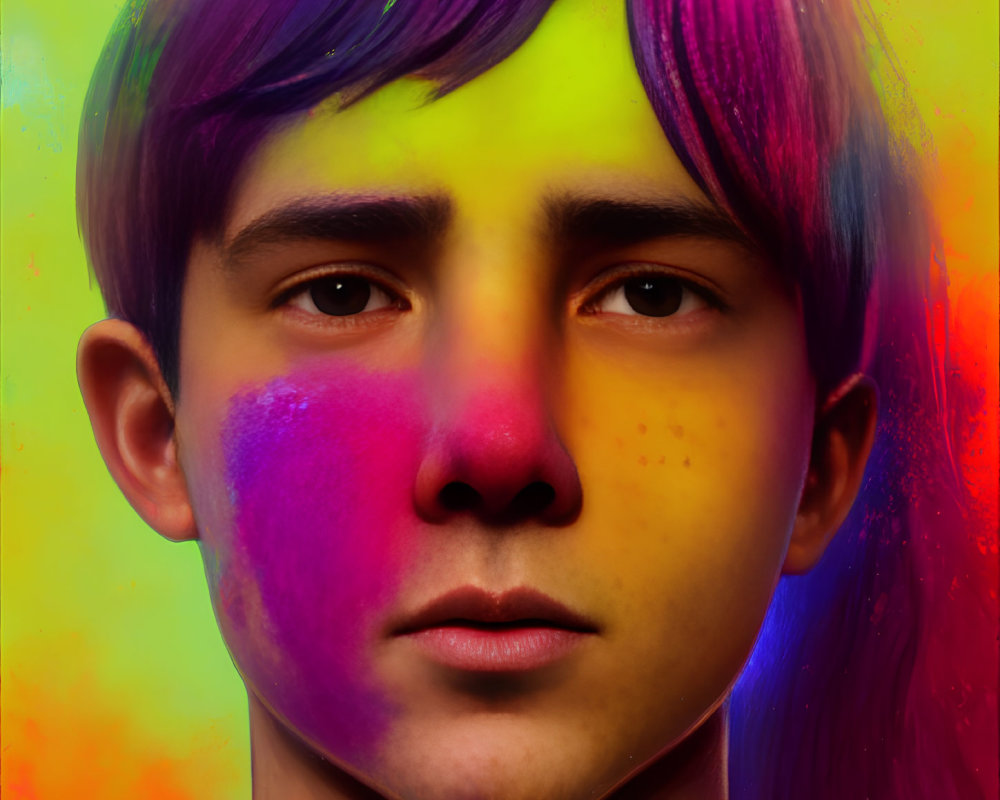 Colorful face paint portrait on gradient background.