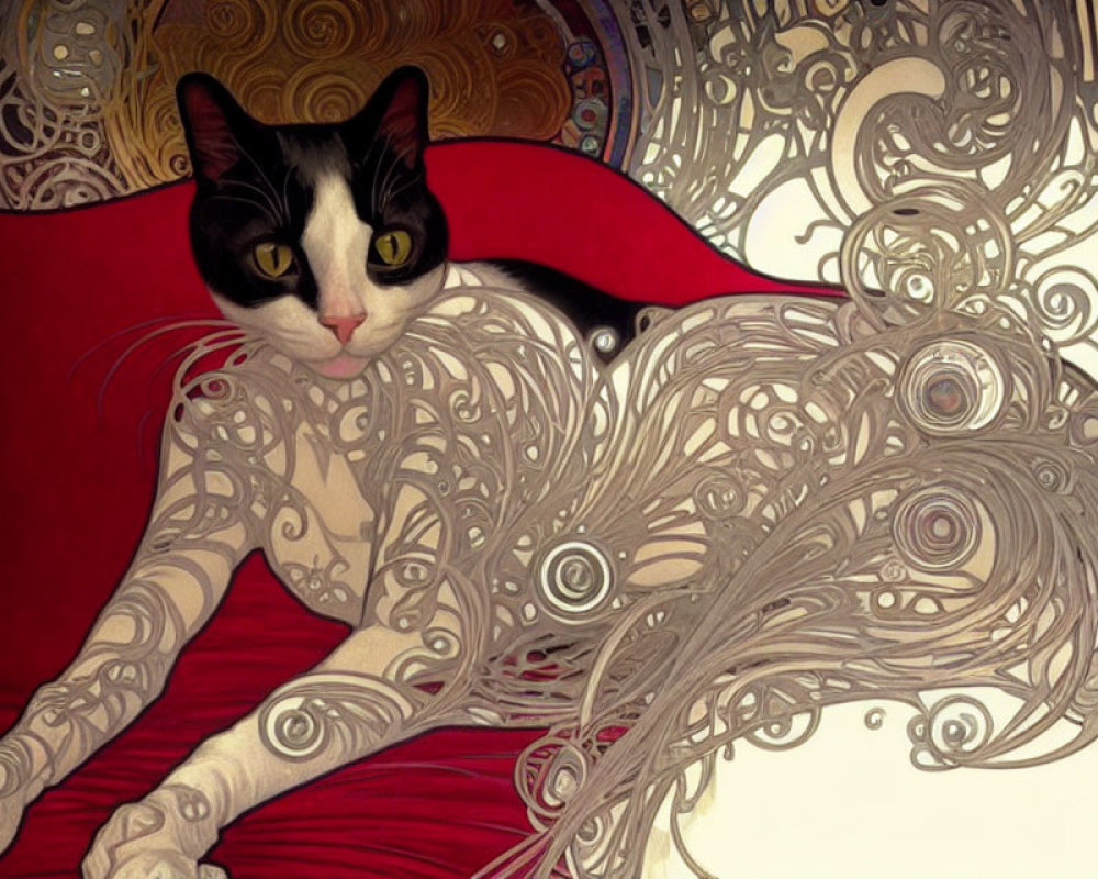 Black and white cat with yellow eyes on red cushion next to silver swirls