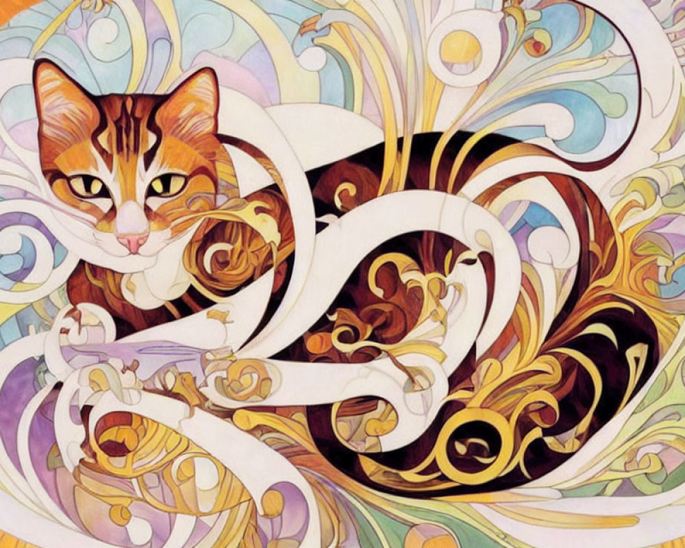 Vibrant orange and white cat with abstract patterns and floral backdrop