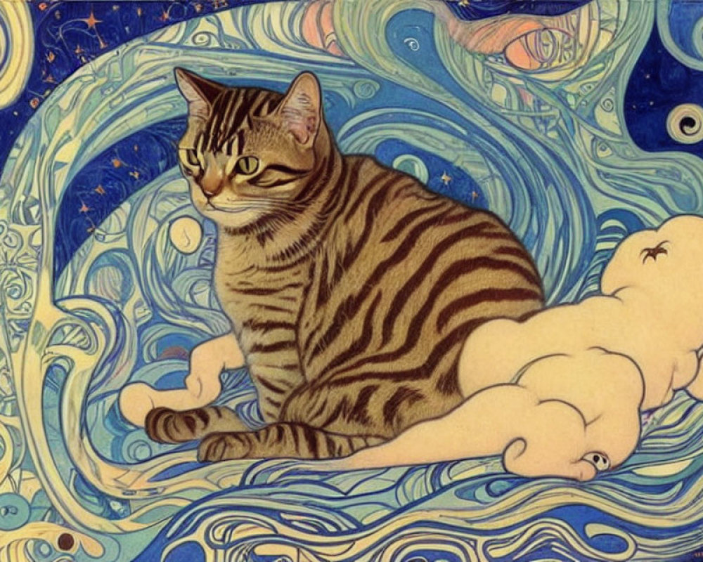 Tabby cat on cosmic Van Gogh-style starry backdrop