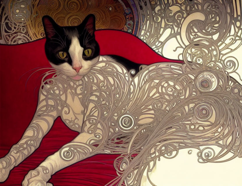 Black and white cat with yellow eyes on red cushion next to silver swirls
