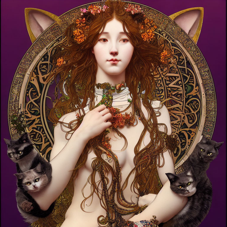 Illustrated woman with feline features surrounded by cats on purple backdrop with golden art nouveau elements