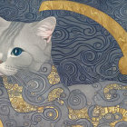 Illustration of woman with blue wave hair and cat in scarf on van Gogh-style background