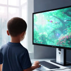Boy in blue shirt gazes at animated forest scene on large monitor in sunlit room