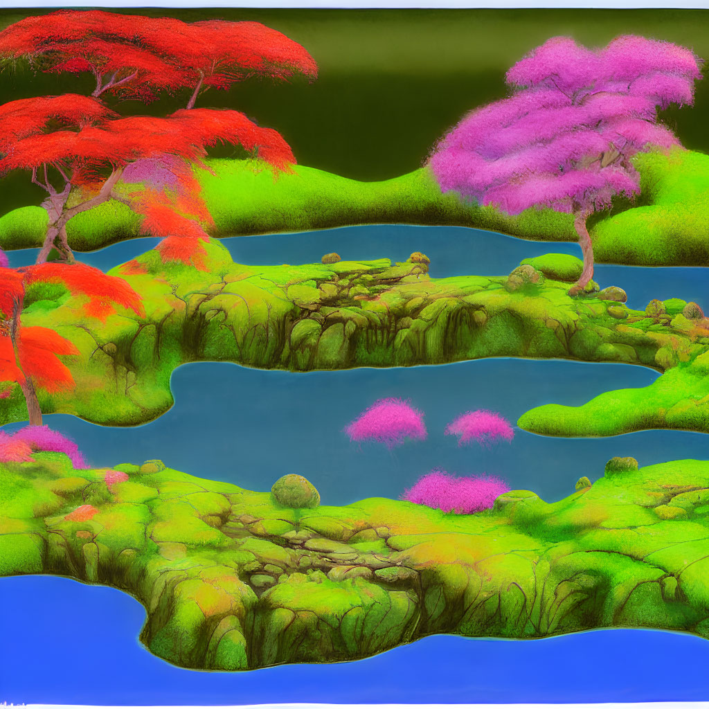 Colorful digital artwork of lush landscape with red and pink foliage, blue rivers, and colorful bushes