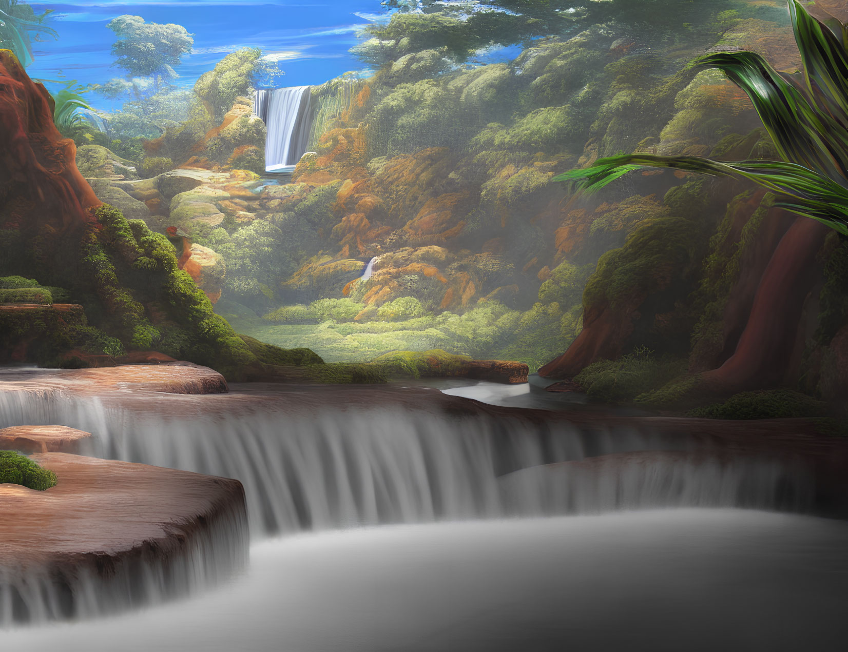 Tranquil forest scene with tropical waterfall