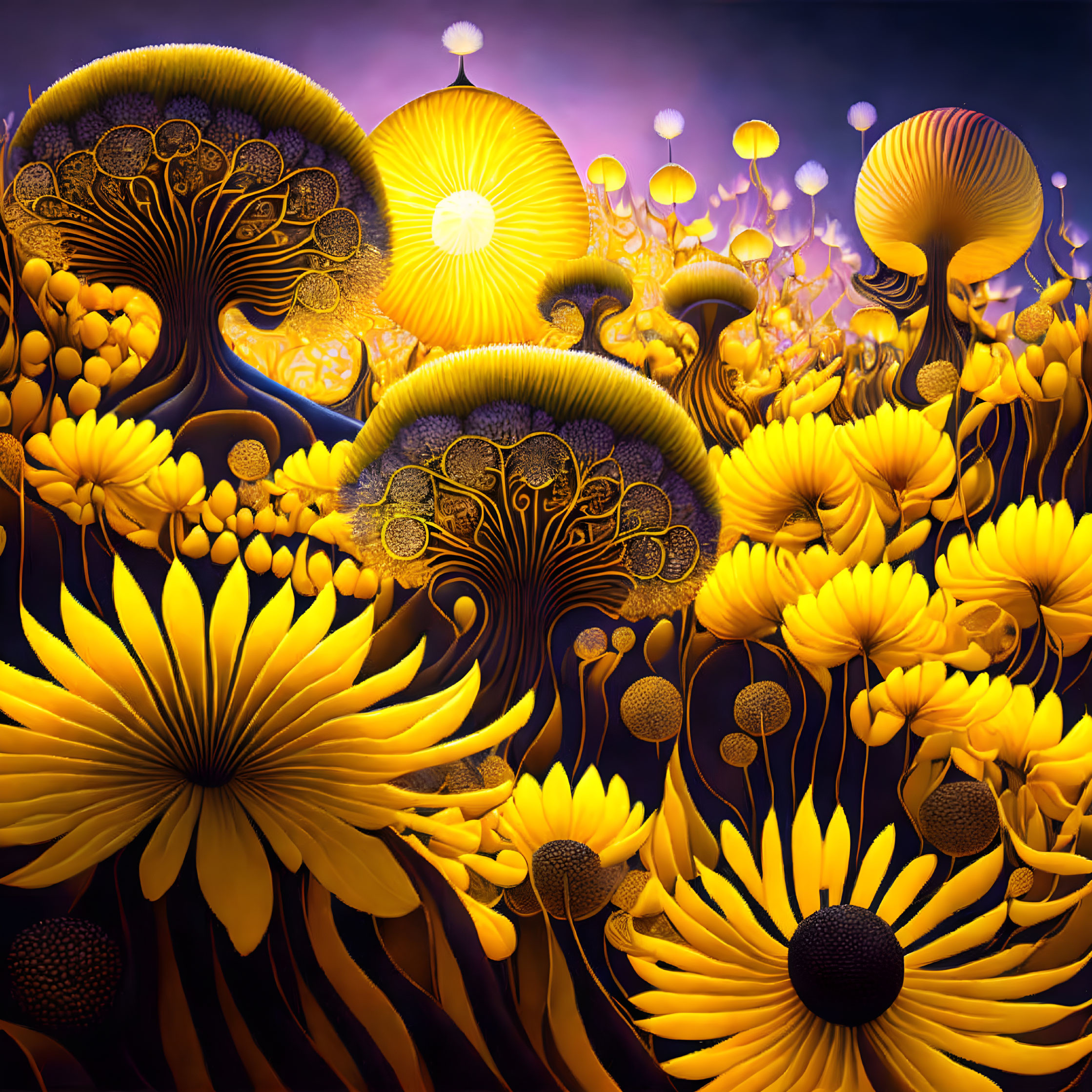 Vibrant digital artwork: Stylized trees and flowers in golden hues on purple backdrop.