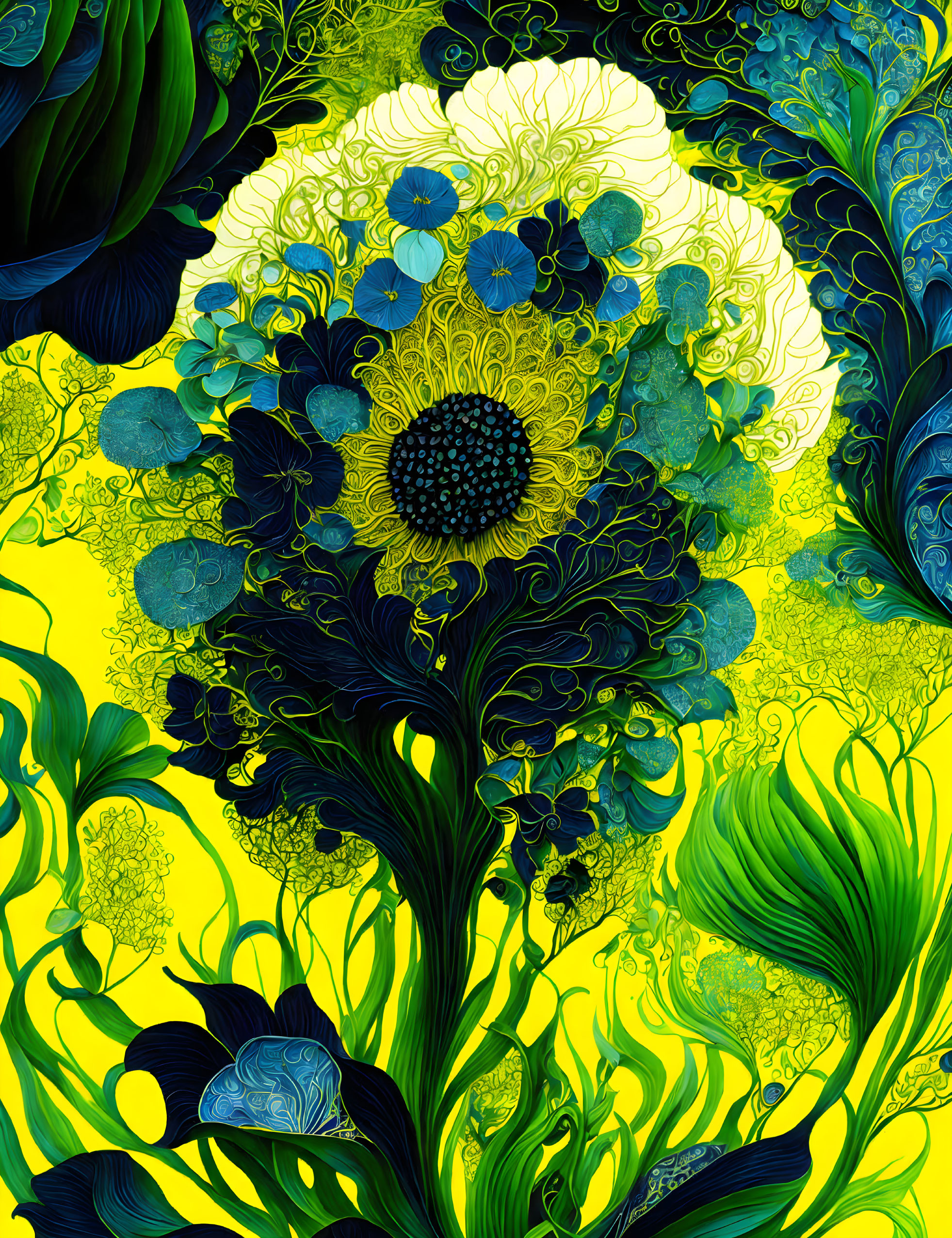 Colorful digital artwork: Cluster of blue and yellow flowers on bright yellow background