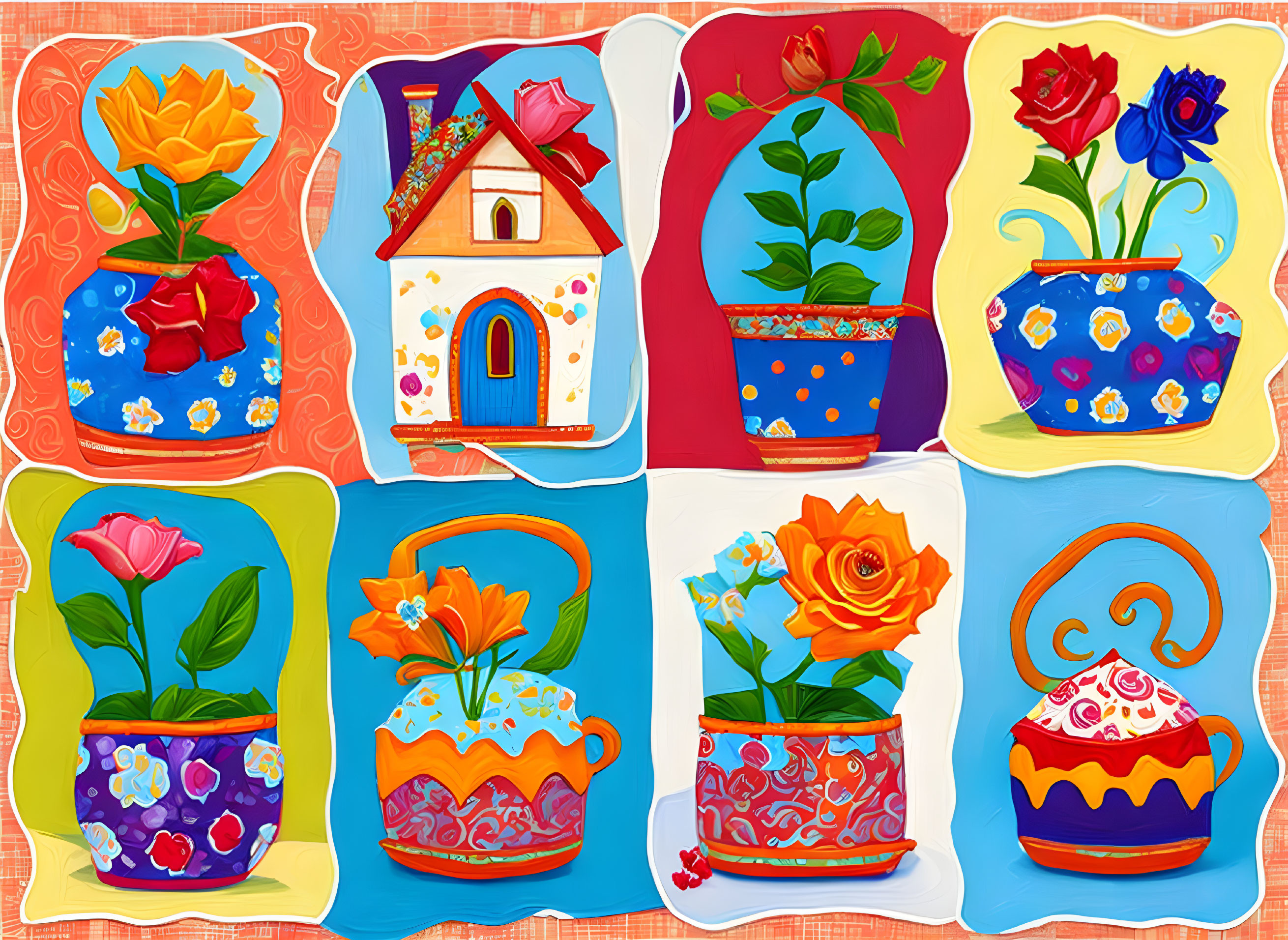 Eight colorful whimsical teapots with flower designs on patterned background