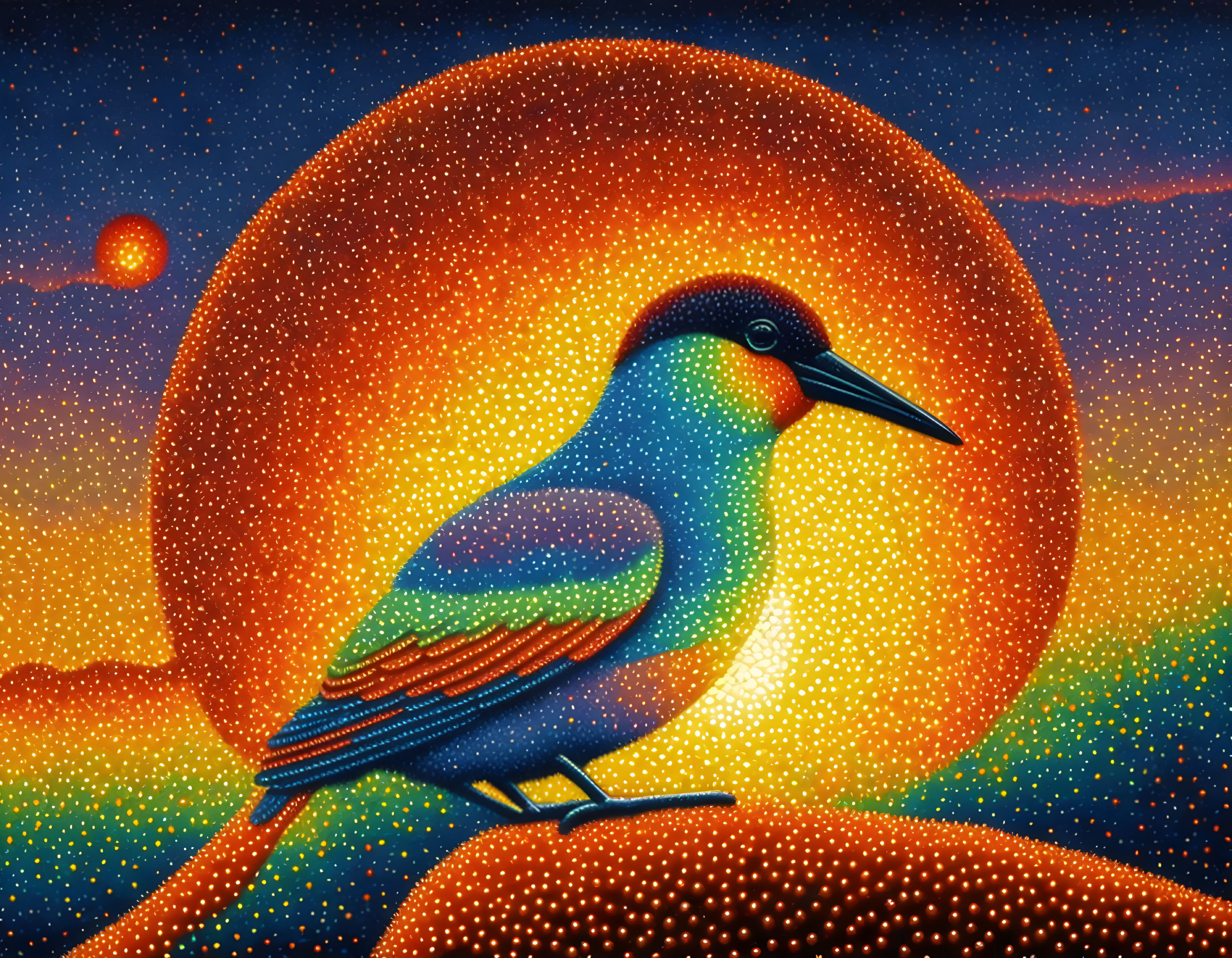 Colorful Bird Painting with Cosmic Background and Orange Moon