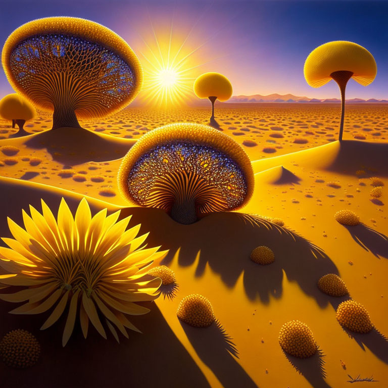 Surreal landscape with oversized mushroom structures and dandelion-like plants at sunset