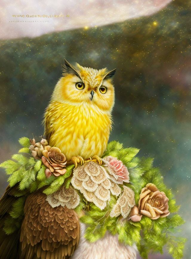 Whimsical yellow owl with foliage and roses on starry backdrop