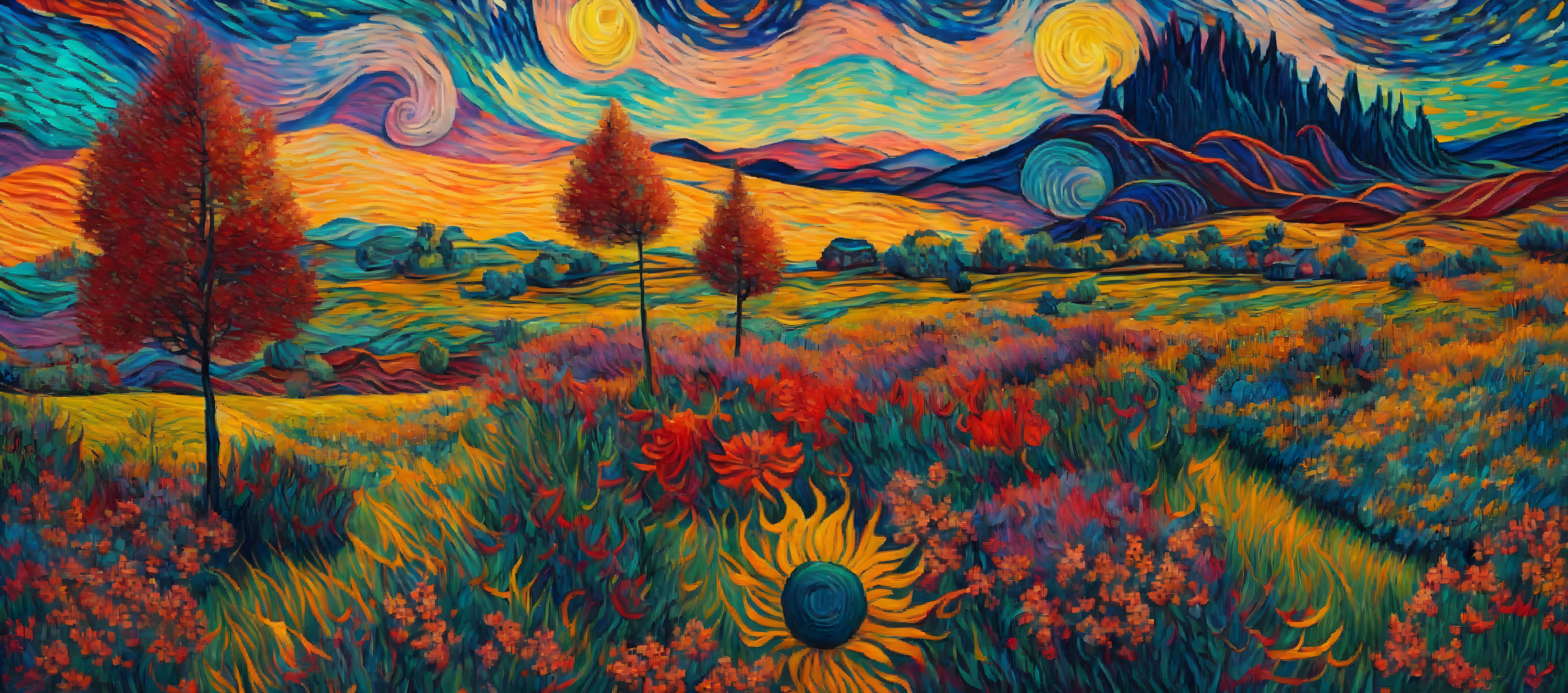 Colorful landscape painting with swirling skies, red trees, sunflowers, and rolling hills