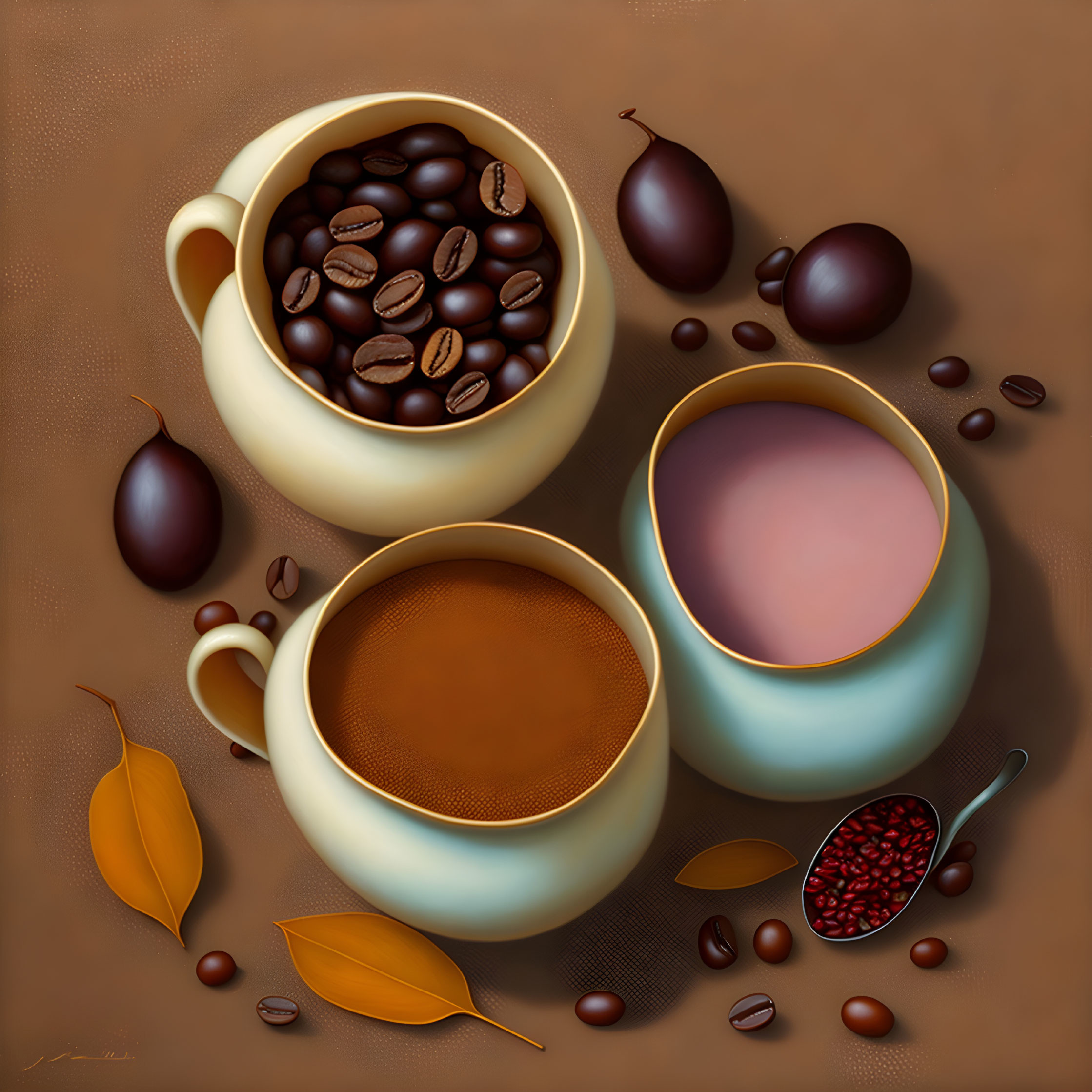 Coffee-themed still life composition with cups, beans, leaves, and berries on brown background