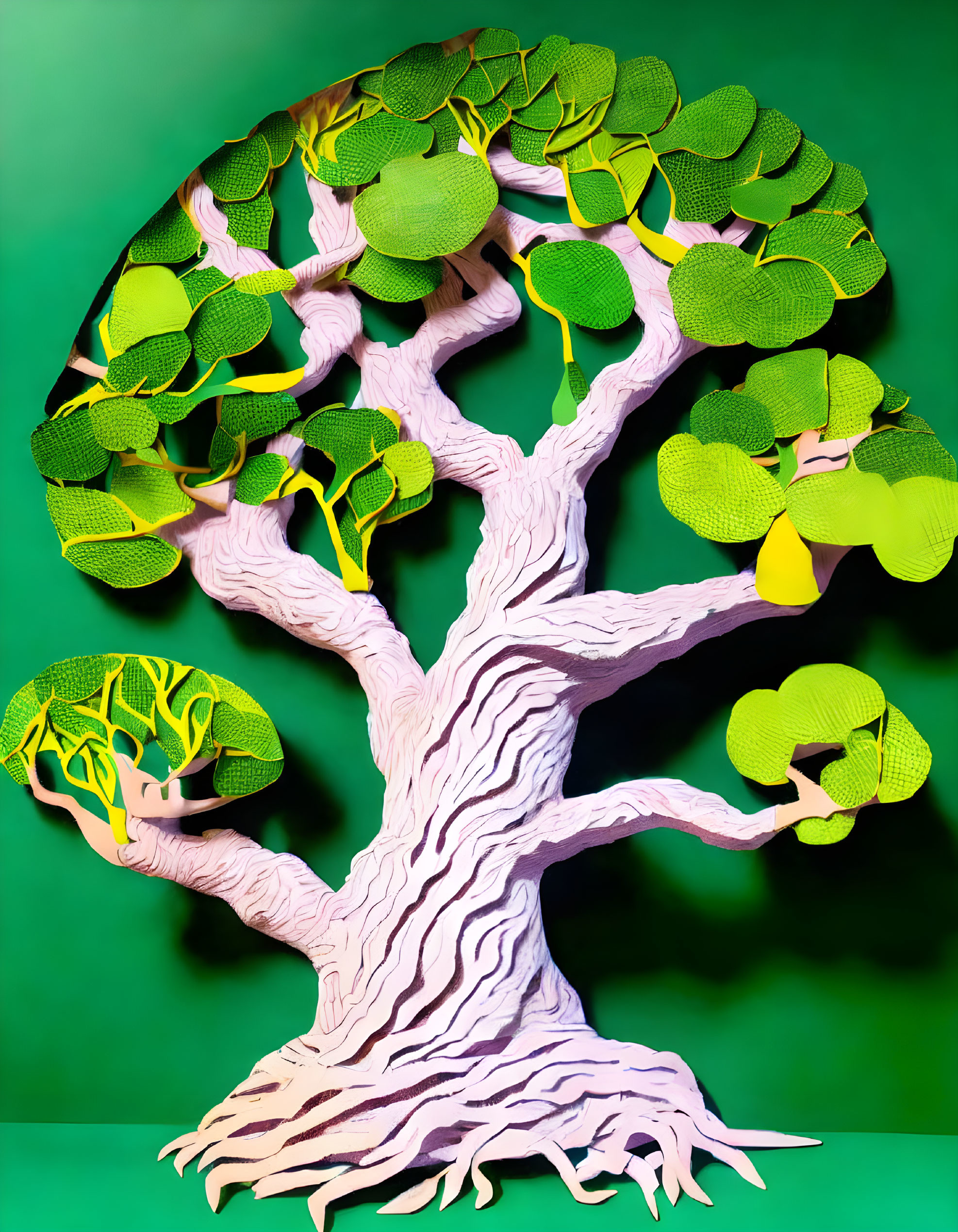 Paper art sculpture: Vibrant tree with white trunk and green leaf canopy