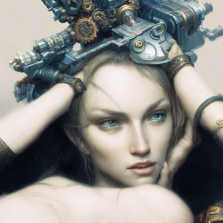 Steampunk-style woman with mechanical headdress and gears.