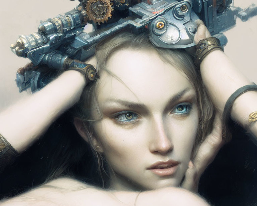 Steampunk-style woman with mechanical headdress and gears.