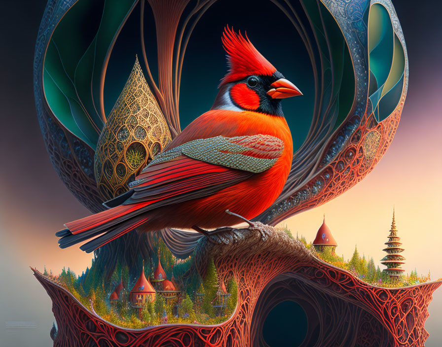 Colorful Cardinal Perched on Branch in Surreal Landscape