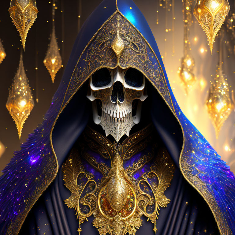 Skull-faced figure in gold and blue cloak with lanterns and shimmering backdrop