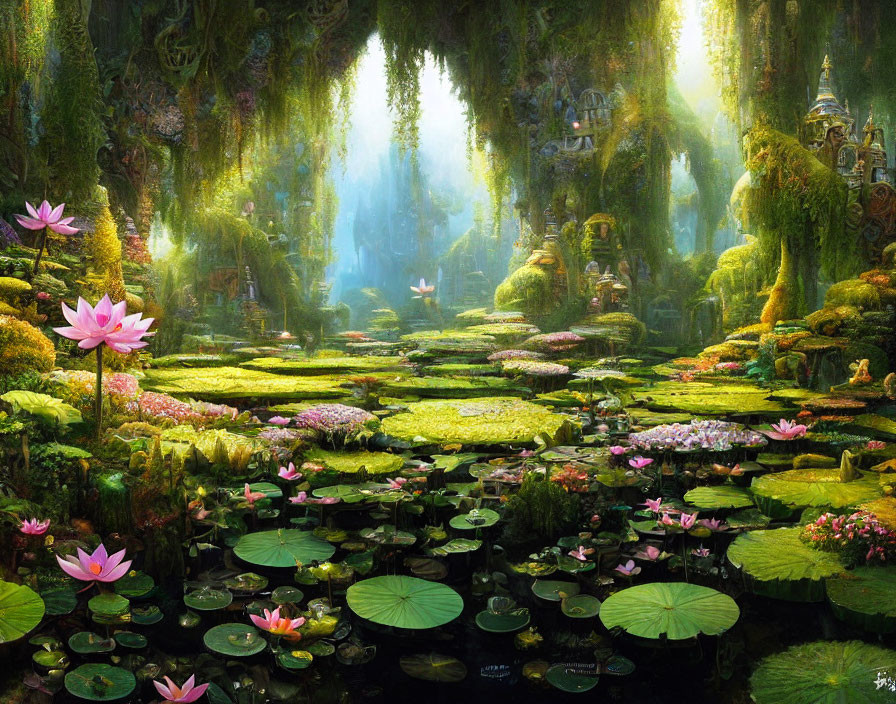 Vibrant mystical forest with lotus flowers and soft light