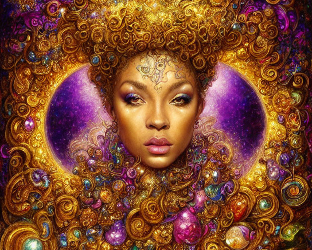 Colorful artwork featuring woman's face amid golden patterns and cosmic motifs