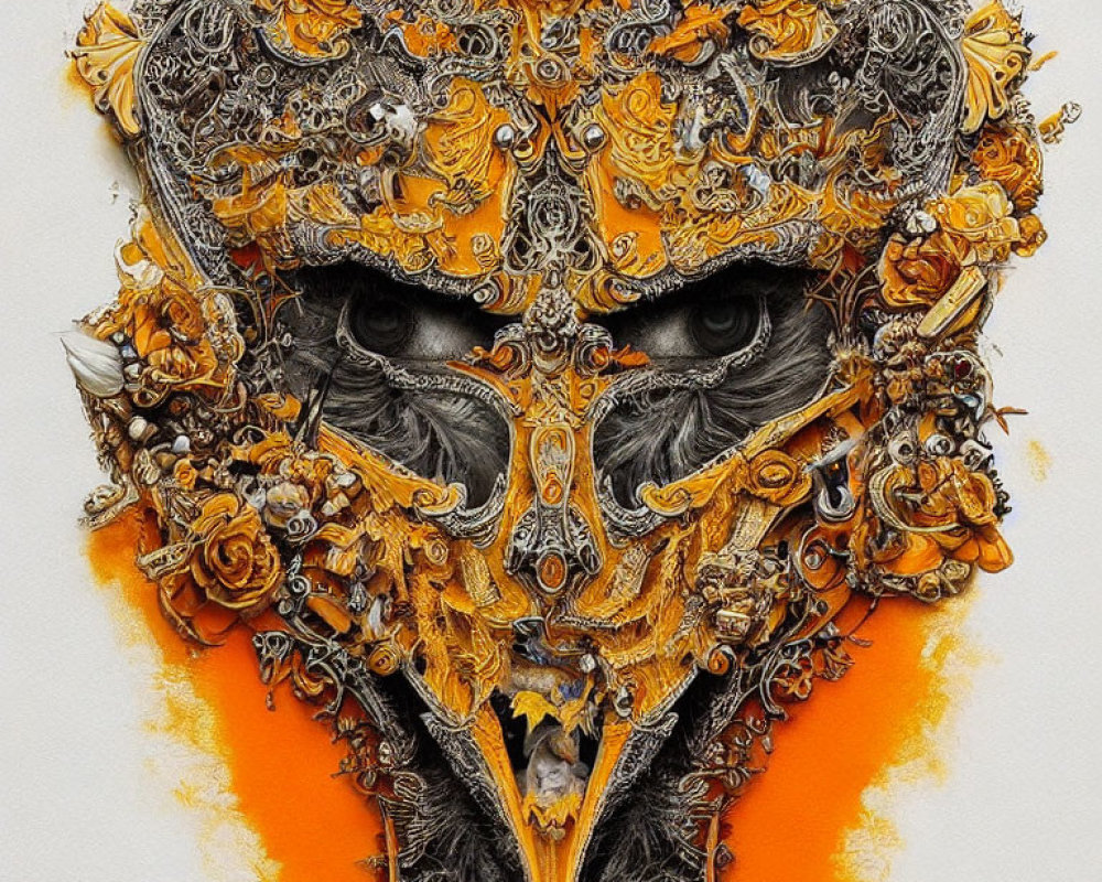 Intricate skull-inspired artwork with gold and floral patterns on white background