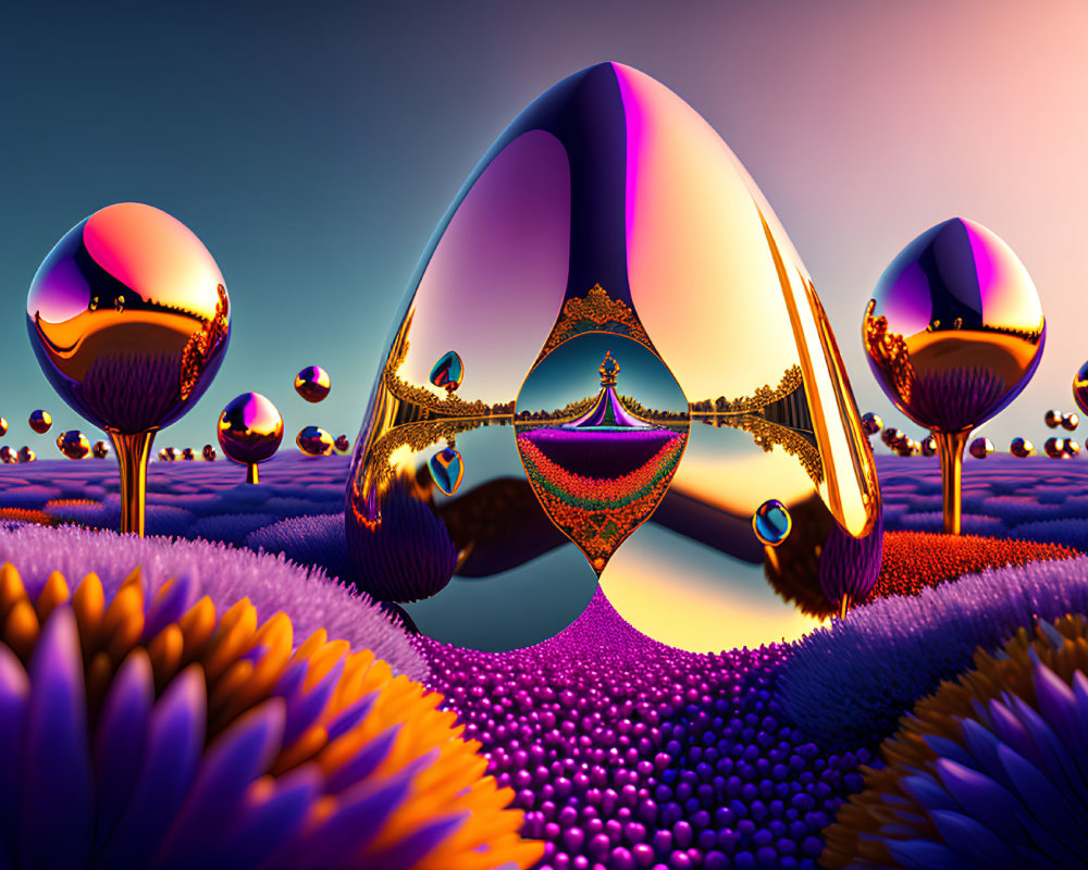 Vibrant surreal landscape with glossy droplet shapes and intricate structures