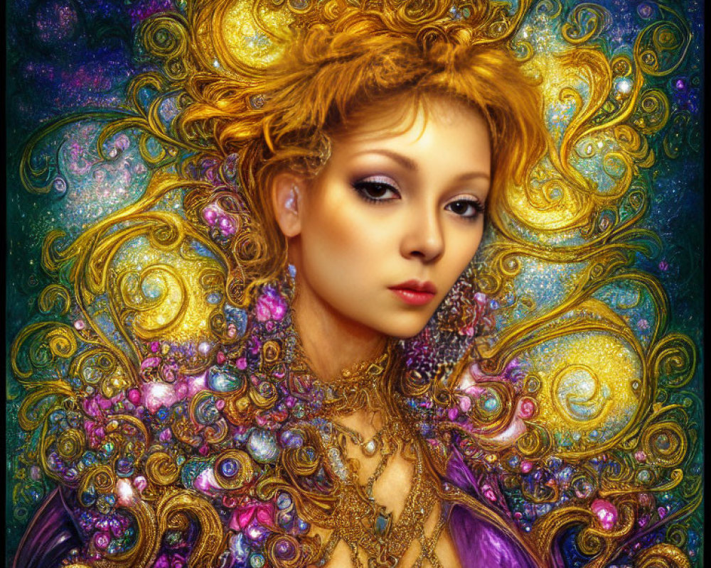 Digital artwork: Woman with ornate golden hair and jewelry in cosmic swirling background