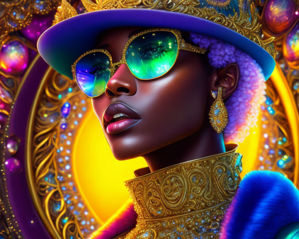 Colorful digital portrait of a woman in golden hat and sunglasses against peacock feather backdrop