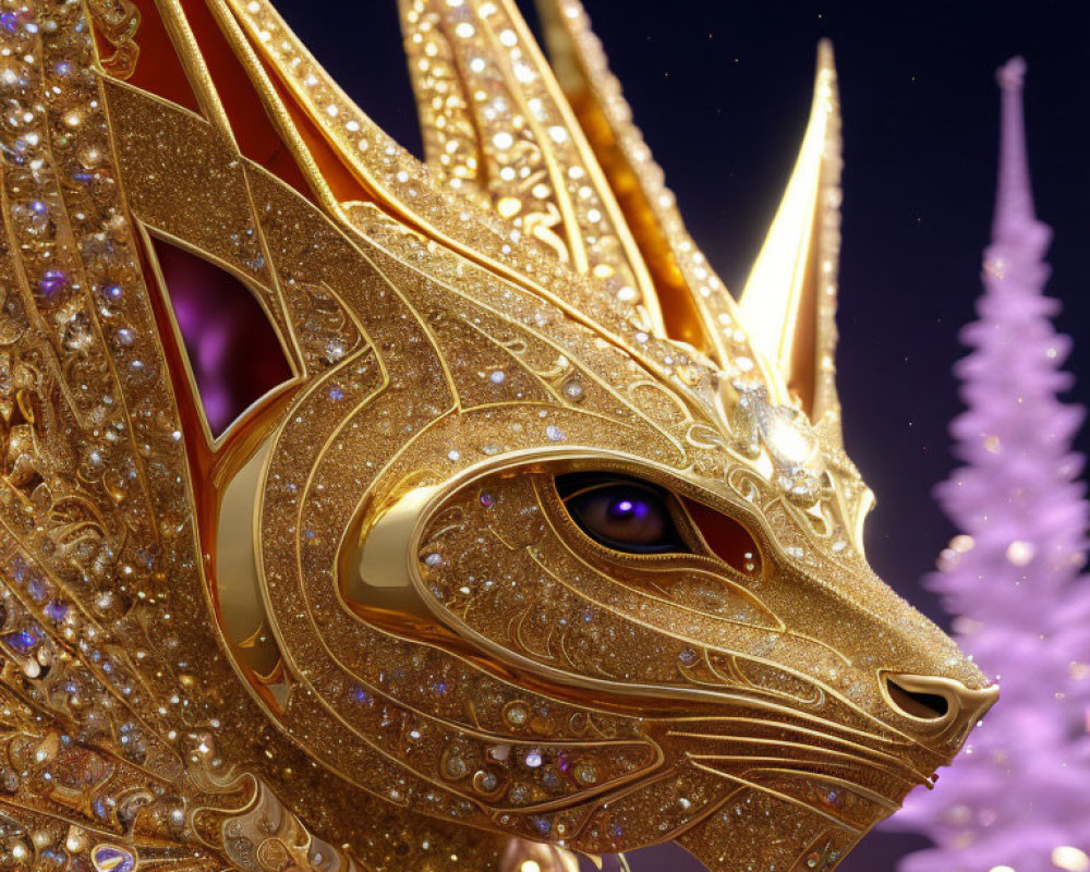 Golden jeweled dragon mask with purple gemstone accents.