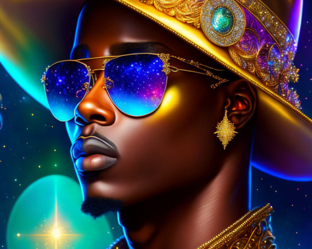 Colorful digital artwork featuring person with golden hat & jewelry against cosmic background