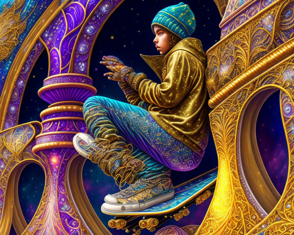 Person in Modern Clothing Sitting on Cosmic Staircase Blending with Starry Night Sky