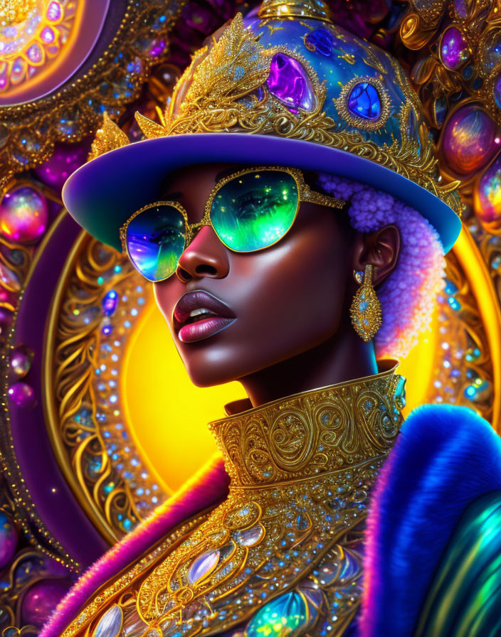 Colorful digital portrait of a woman in golden hat and sunglasses against peacock feather backdrop
