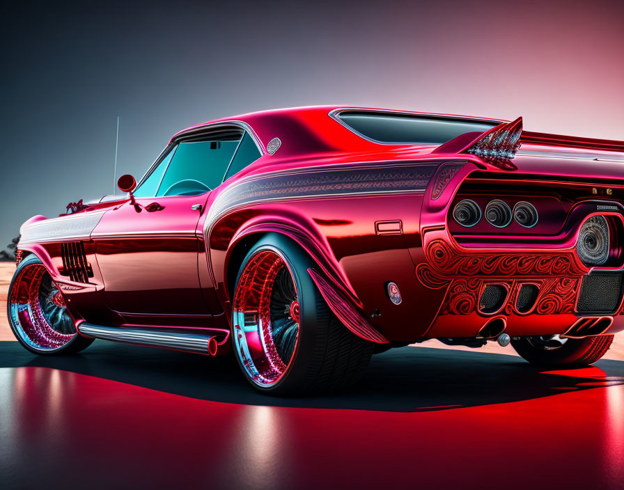 Pink Classic Car with Chrome Details on Red Gradient Background