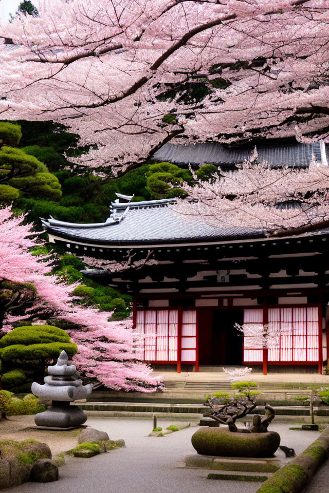 Traditional Japanese building with cherry blossoms and stone pagoda in serene garden