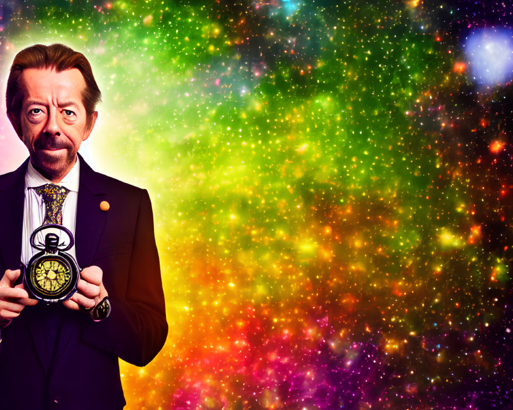 Person in suit with mustache holding ornate pocket watch against cosmic background